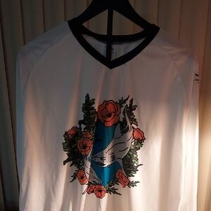 White Graphic Sharks Jersey. with Floral and Shark Design